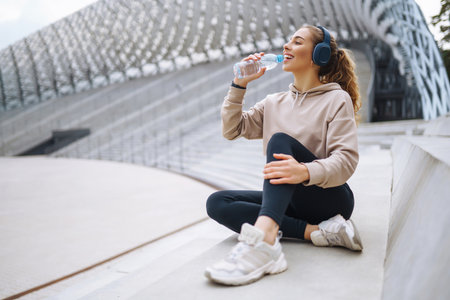 Active lifestyle. Young fitness woman exercising and stretching outdoors.の写真素材