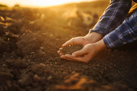 Farm owner checks quality of soil with his hands with tablet and checks fertility before sowing.の写真素材