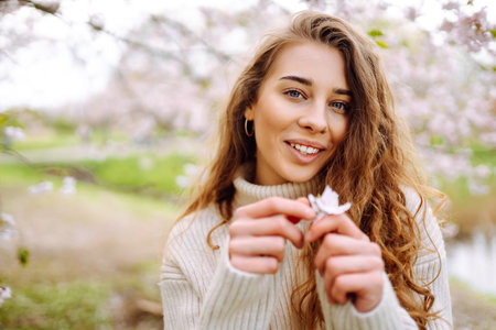 Attractive woman enjoys scent of flowers in spring garden. Concept of relaxation, spring, youth.の写真素材