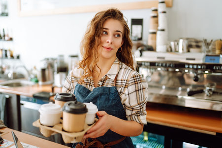 Portrait of a young female barista with a glass holder with drinks to go. Takeaway delivery concept.の写真素材