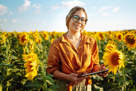 Female farmer analyzing sunflower on sunny day. Agriculture and harvesting concept.の写真素材