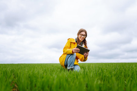 Young farmer woman in a green field, intently using a tablet. She wears a yellow jacket and glasses