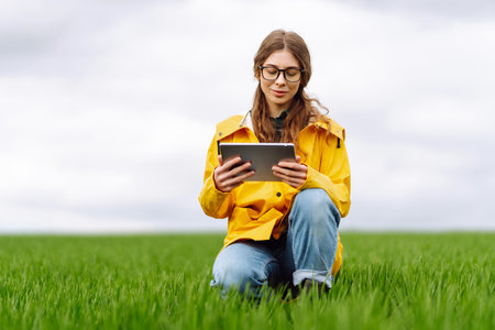 Young farmer woman in a green field, intently using a tablet. She wears a yellow jacket and glassesの写真素材