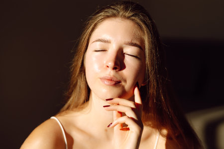 Portrait of woman without makeup with imperfect skin. Acne skin. Pores on skin of face.