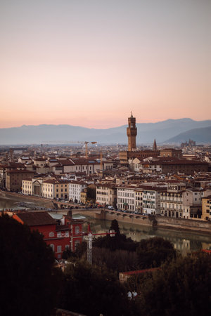 Stunning panorama at sunrise. City landscape at dawn.の写真素材