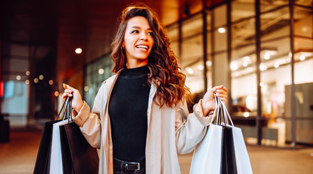 Beauty woman with shopping bags walks through the sunny streets of Europe. Consumerism, shoppingの写真素材
