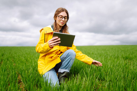 Young farmer woman in a green field, intently using a tablet. She wears a yellow jacket and glasses