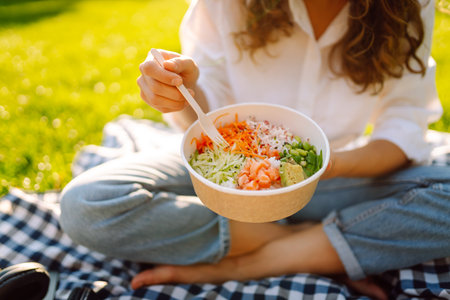 Woman enjoying a poke bowl on sunny day in a park while sitting on a picnic blanket. Concept picnicの写真素材