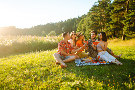 Group of people gathered in the garden for picnic. Friends have fun. Picnic, friendship.の写真素材