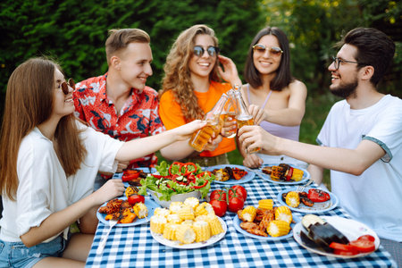 Happy friends in picnic in park. Friends grill meat, have fun, relax. ?concept of holidays, weekends.の写真素材