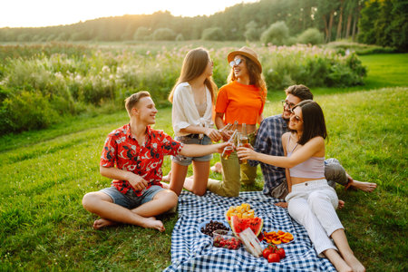 Happy group of friends resting in nature in picnic. People, lifestyle, relaxation, vacations concept.の写真素材