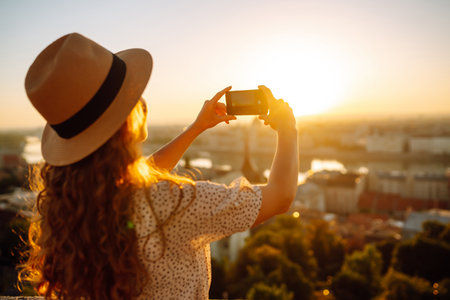 Young Woman on vacation using mobile phone to take photo of sunset of city. Rest, lifestyle concept.の写真素材