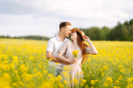 Young couple in love walks through a rapeseed field. The concept of love, relationship.の写真素材