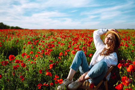 Young curly girl posing in a poppy field sitting on a chair. Summertime.の写真素材