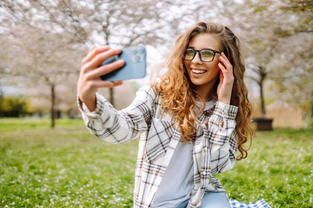 Young woman takes selfie against background of flowering trees in park. Concept of relaxation, fun.の写真素材