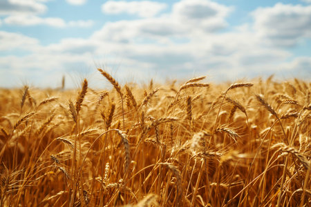 Amazing background of ripening ears of yellow wheat field against blue sky. Harvest nature growth.の写真素材