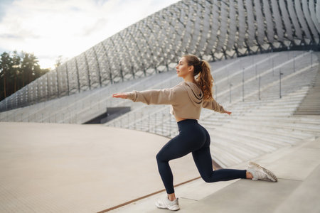 Strong woman doing exercises outdoors in the morning. Active life, healthy lifestyle.の写真素材