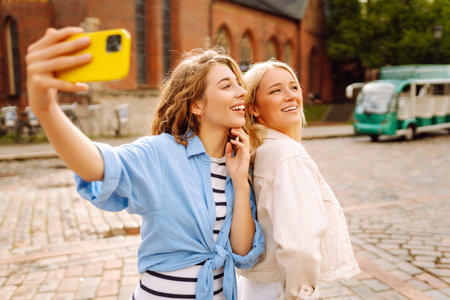 Happy girlfriends in casual clothes are walking and taking selfies using phones. Concept of walk.の写真素材