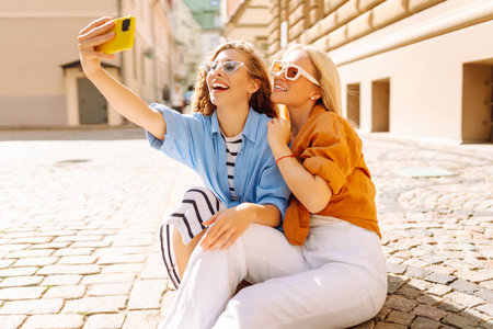 Happy female tourists take selfie using phone while walking along the streets of Europe. lifestyle.の写真素材