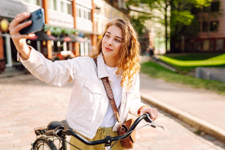 Woman using mobile phone while walking with a bicycle. Selfie time. People, blogging and lifestyle.の写真素材