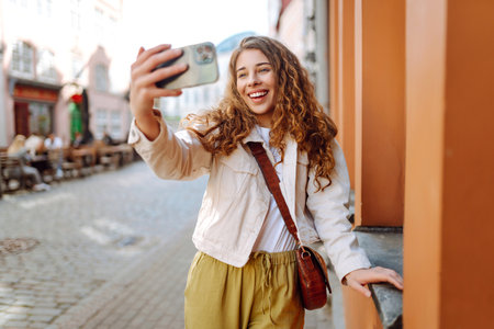 Optimistic woman looking at camera with smile while taking selfie on city street. Blogging concept.の写真素材