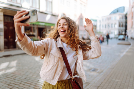 Optimistic woman looking at camera with smile while taking selfie on city street. Blogging concept.の写真素材