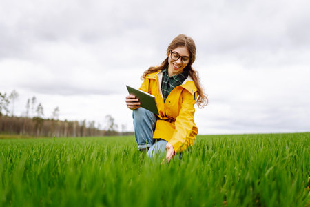 Young farmer woman in a green field, intently using a tablet. She wears a yellow jacket and glassesの写真素材