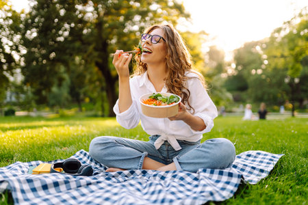 Woman enjoying a poke bowl on sunny day in a park while sitting on a picnic blanket. Concept picnicの写真素材