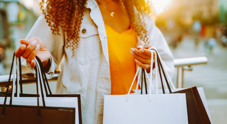 Young woman with shopping bags walking on street. , Sale concept.の写真素材