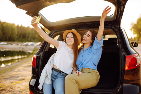 Portrait of two young women on a car trip having fun. Active lifestyle, travel, tourism, nature.の写真素材