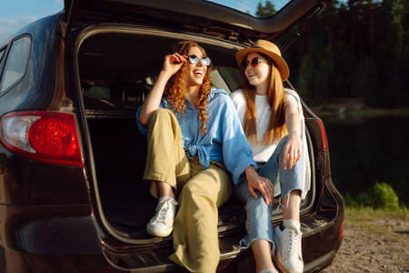 Portrait of two young women on a car trip having fun. Active lifestyle, travel, tourism, nature.の写真素材