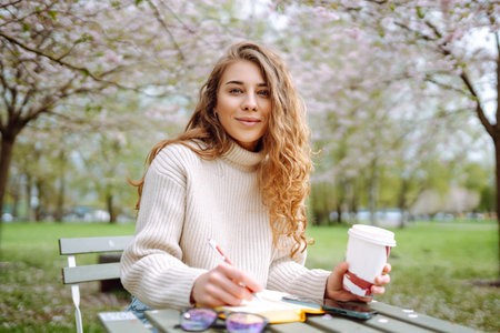 Happy woman relaxing in park, writing in notebook, sitting with laptop. Weekend, spring concept.の写真素材