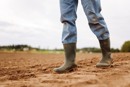 Agriculture. Farmer walks through a plowed field.の写真素材