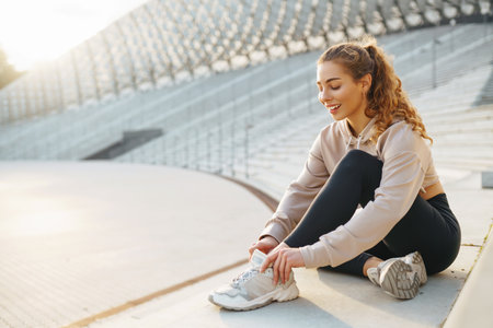 Beautiful woman outdoors and sportswear doing fitness. Concept of sport, recreation.の写真素材