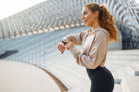 Beautiful woman outdoors and sportswear doing fitness. Concept of sport, recreation.の写真素材