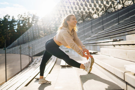 Beautiful woman outdoors and sportswear doing fitness. Concept of sport, recreation.の写真素材