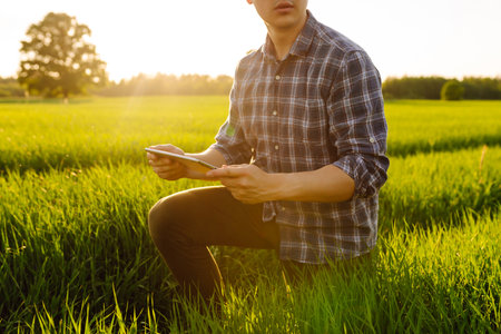 Close-up of the hands of farmer with digital tablet, checking the quality of wheat growth in green fieldの写真素材