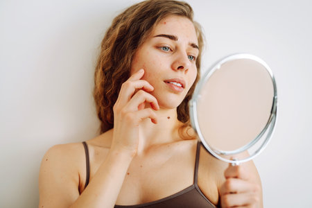 Beautiful woman with problematic skin looks in her small mirror. Cosmetology. Skin care concept.の写真素材