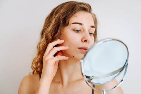 Beautiful woman with problematic skin looks in her small mirror. Cosmetology. Skin care concept.の写真素材