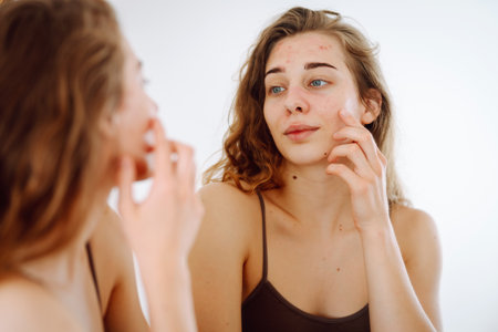 Woman with acne problem skin checks dry face skin. Red spots, rash, acne. Skin treatment.の写真素材