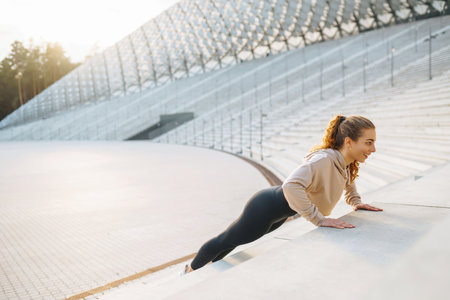 Beautiful woman outdoors and sportswear doing fitness. Concept of sport, recreation.の写真素材