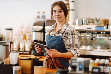 Successful small business owner stands behind counter of coffee shop with digital tablet takes orderの写真素材