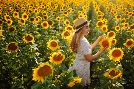 Beautiful woman posing in a field of sunflowers in a dress. Fashion, lifestyle, travel concept.の写真素材