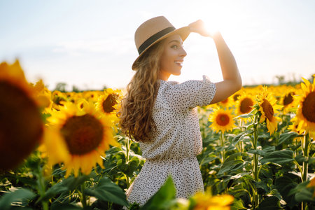 Beautiful woman posing in a field of sunflowers in a dress. Fashion, lifestyle, travel concept.の写真素材