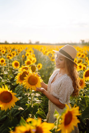 Beautiful woman posing in a field of sunflowers in a dress. Fashion, lifestyle, travel concept.の写真素材