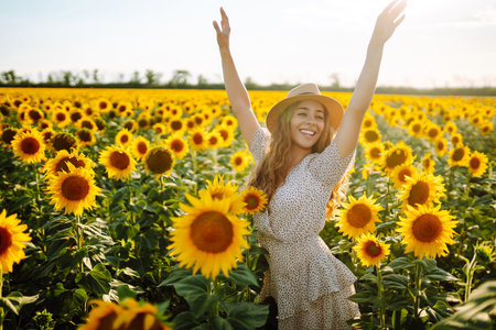 Beautiful woman posing in a field of sunflowers in a dress. Fashion, lifestyle, travel concept.の写真素材