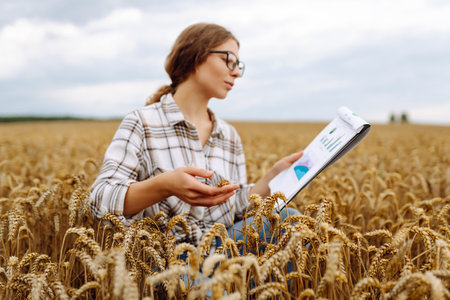 A young woman agronomist in a wheat field with a tablet in her hand checks the field.の写真素材