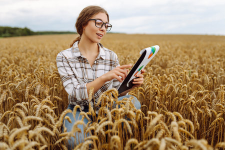 A young woman agronomist in a wheat field with a tablet in her hand checks the field.の写真素材