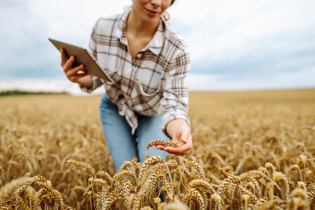 Woman agronomist in a field with a tablet checks the growth of the crop. New harvest concept.の写真素材