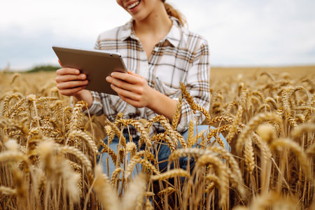 Woman agronomist in a field with a tablet checks the growth of the crop. New harvest concept.の写真素材